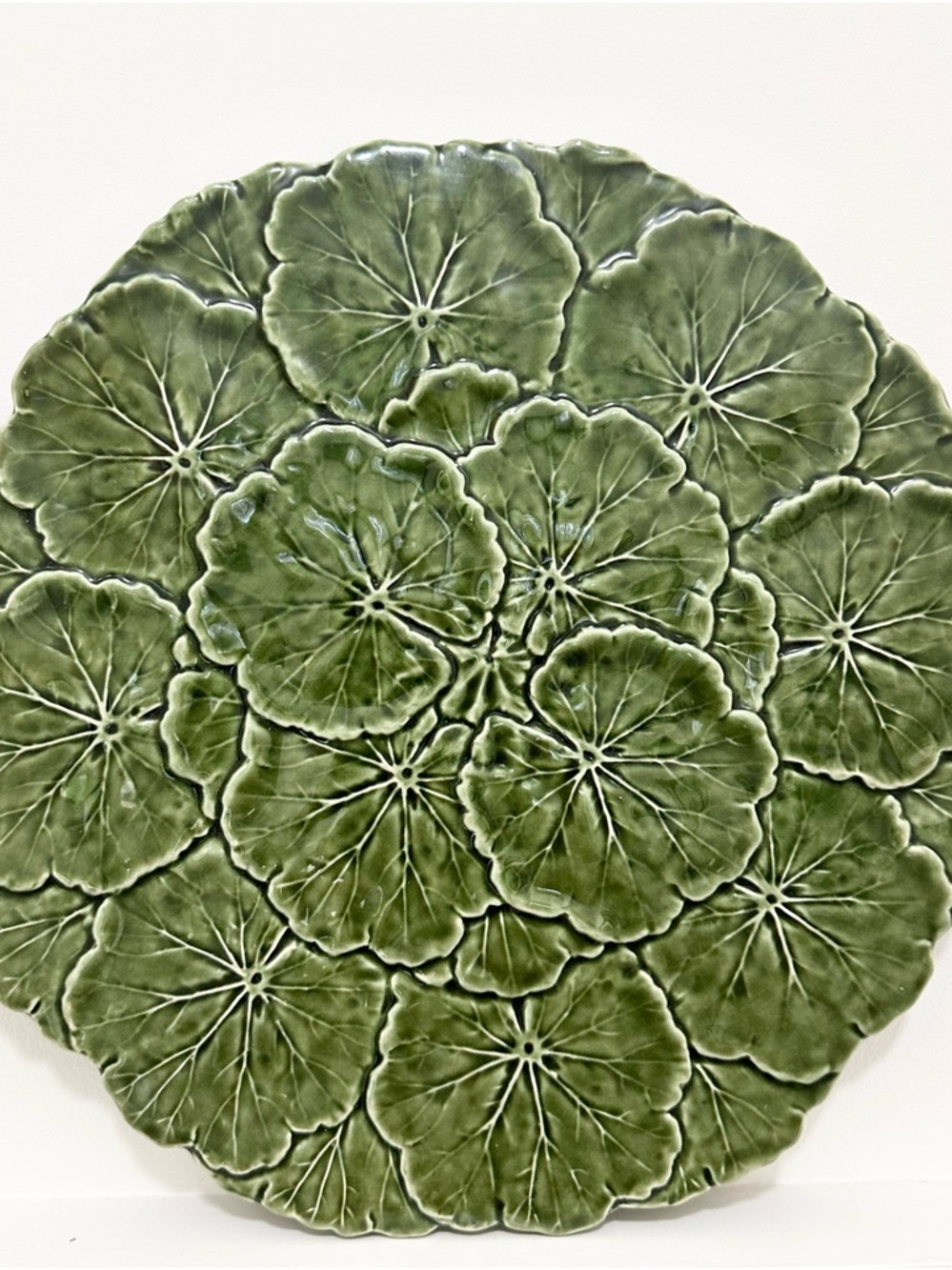 Large 13” Geranium Green Ceramic Charger Plate Platter Embossed Leaf  Portugal